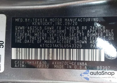 2020 Toyota Camry Le Hybrid z USA, uszkodzony, nr VIN 4T1C31AK5LU543329
